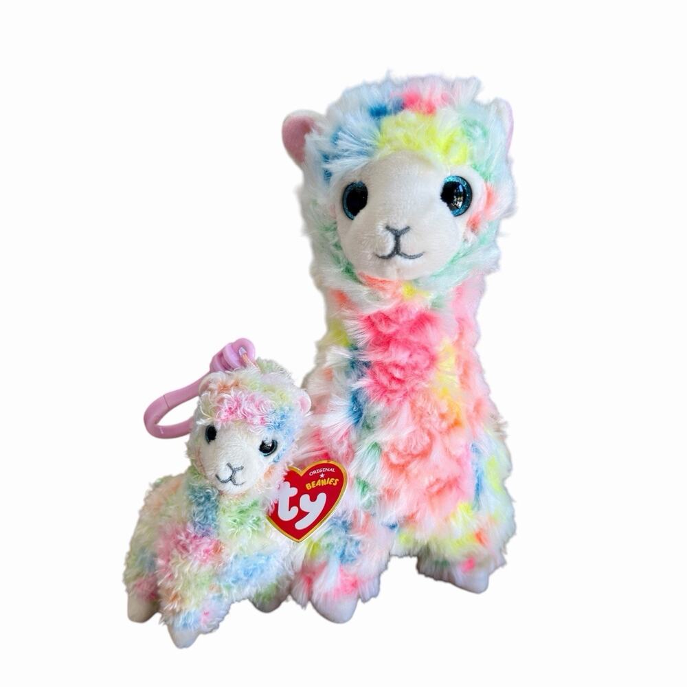 TY Beanie Baby - LOLA Rainbow Multicolor Llama 7” Plush PLUS Lola Plush Clip